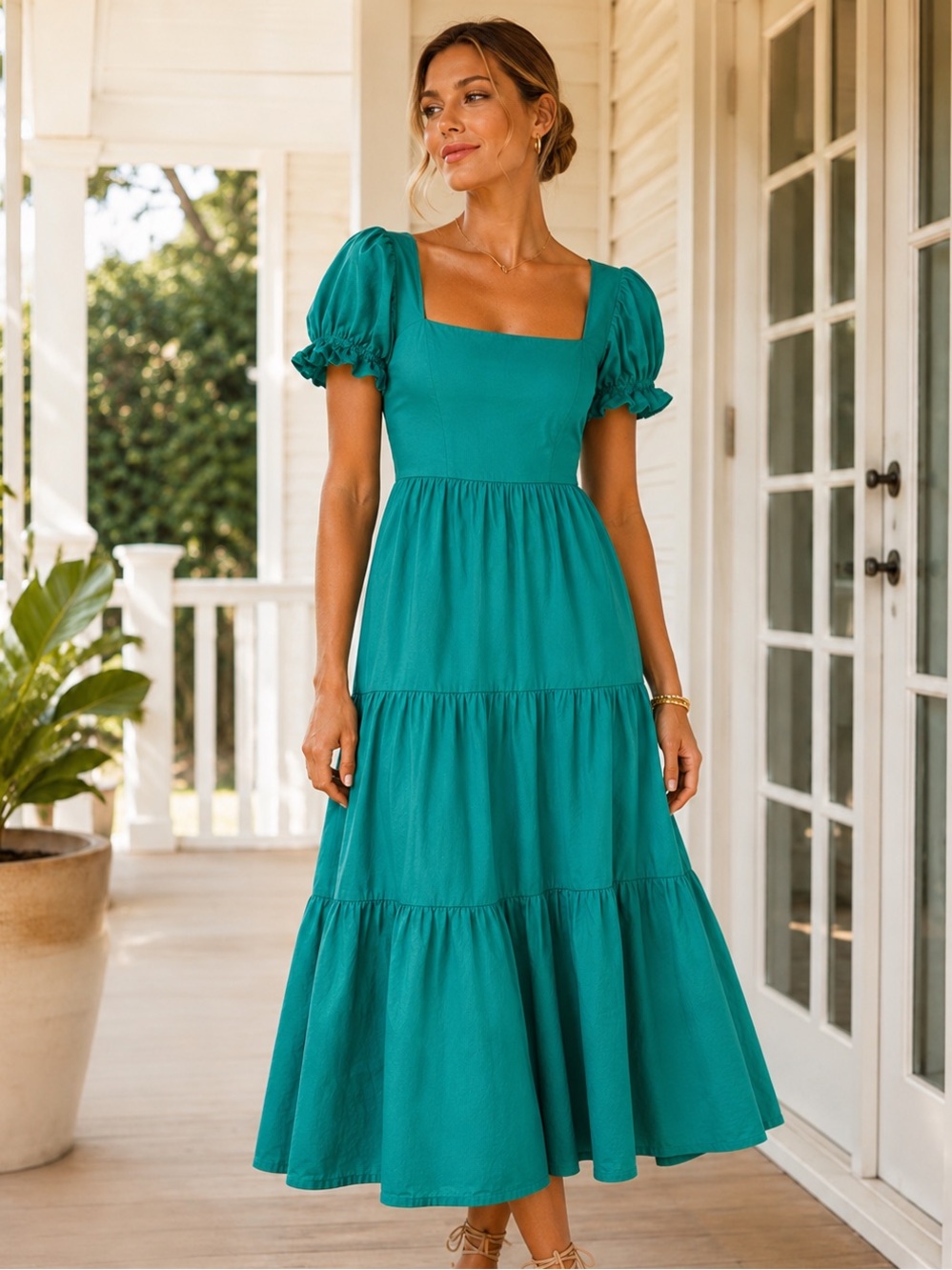 OPT Puff Sleeve Tiered Cotton Midi Dress Jade Green Size M - Picture 3 of 13